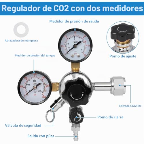 Miniatura 4 de Cprosp Regulador De Presión Co2, Regulador De Botella De Gas, Dióxido De Carbono Reductor De Presión Con Manómetro Doble W21.8 Para Máquina De Cerveza, Elaboración De Cerveza, Dispensador De Cerveza