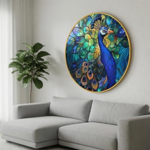 Image of SAF Peacock Wall Painting with Golden PVC Frame Round Bird Art Colorful Modern Wall Decor for Living Room Bedroom Office Home Decorative Luxury Gift Item (20 x 20 Inch) GRL-356