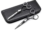 Incluye estuche protector TRU BARBER - KIT Tijeras Barbero profesional para barbería y peluqueria 5.50 PULGADAS, Corte + Pulir 5.50 PULGADAS BLACK, Acero Japones inoxidable, filo dulce, navaja.