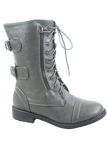 TOP Moda Pack 72 Womens Military Lace Up Buckle Combat Boots (Gray, 8.5)
