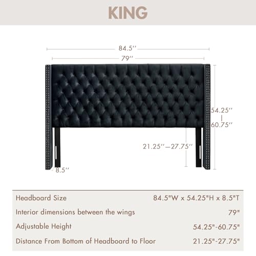 Image of Madison Park King Wingback Upholstered Tufted Headboard, Featuring High-Density Sponge Padding, Adjustable Height Headboard, Easy Assembly, Black Velvet