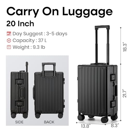 Image of 20 Inch Premium All Aluminum Carry On Luggage 22x14x9 Airline Approved Zipperless Hard Shell Suitcase with TSA Lock Silent Spinner Wheels for Business Travel,Black