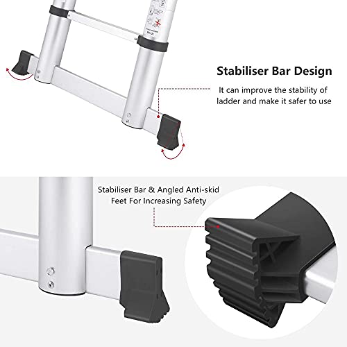 Image of Lukia Aluminium Portable and Extension 16.5 Feet (5 Meter) Telescopic Folding Aluminium Ladder for Household and Outdoor, 13 Steps, Anodized Silver with Safety Lock