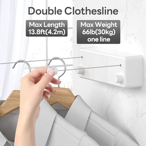 Image of Retractable Cloth line for Drying Clothes Indoor,Heavy Duty Double Cloth Drying Rope for Balcony,Wall Mounted Cloth Drying Stand Laundry Clothesline Adjustable Washing Line 13.8 Ft Wire (Large)