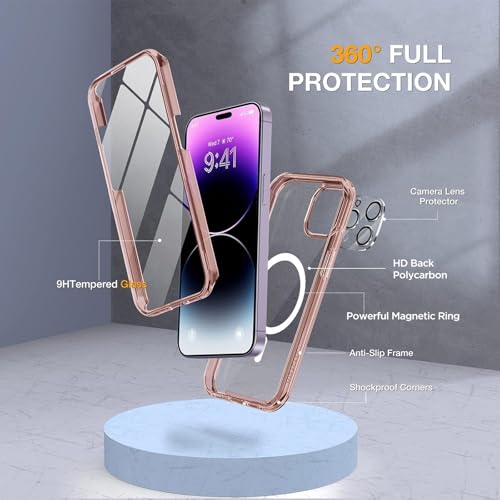 Image of Miracase Magnetic Designed for iPhone 14 Pro Max Case 6.7 inch (Compatible with MagSafe) Upgrade Full-Body Clear Phone Bumper Case with Built-in 9H Tempered Glass Screen Protector, Magnetic Clear Pink