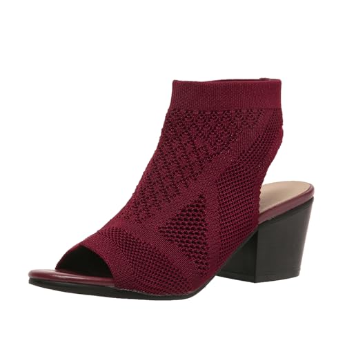 Image of Peep Toe Booties for Women Open Toe Heeled Sandals Knit Cutout Chunky Block Heel Breathable Fashion Shoes US5-11