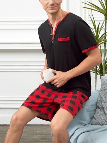 Mens Cotton Sleep Pajamas Set Soft Short Sleeve Henley Collar Black Solid Tops and Plaid Shorts Bottom3