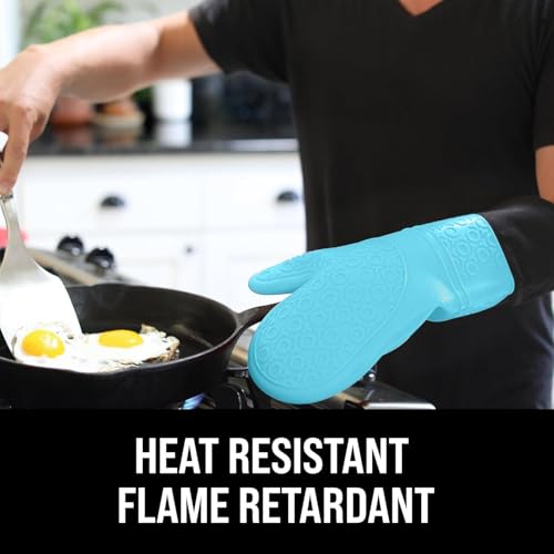Image of BPA-Free Soft Silicone Oven Mitts - Ultra Heat Resistant Oven Mitts with Thick Cotton Liner - Extra Long Slip Resistant Pot Holders, Flexible Oven Gloves - Aqua /Black 14.7 inch
