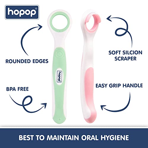 Image of Hopop Tongue Cleaner For Baby | Rounded Edges Baby Oral Cleaner Toothbrush | 100% Safe Kids Tongue Cleaner | Suitable From 3+ Months, Manual Operation | Pack Of 2 | Pink & Green