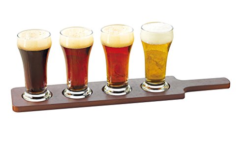 Libbey Craft Brews Beer Flight Glass Set with Wood Carrier, 4 Glasses