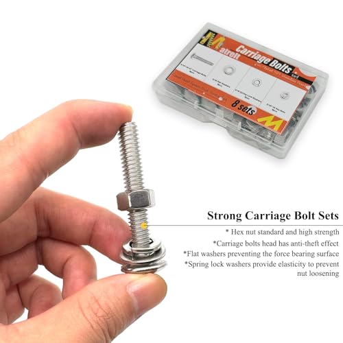Image of 8 Sets 5 /16 inch-18 x2 Carriage Bolts Round Head Square Neck Screws with Hex Nuts Flat Washers Spring Lock Washers 304 Stainless Steel Full Thread Coverage Square Neck Bolts Assortment Kit