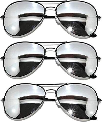 3 Pairs Classic Aviator Style Sunglasses Metal Frame Colored Lens (avi-3p-black-silver-mirr, Colored)