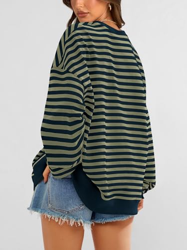 Image of PRETTYGARDEN Womens Striped Oversized Sweatshirt Color Block Crew Neck Long Sleeve Casual Loose Pullover Top Y2K Clothes