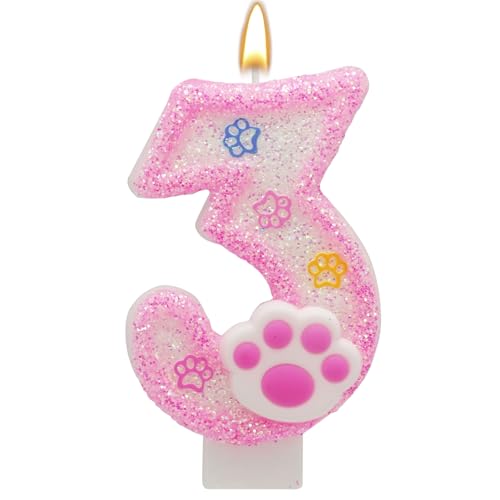 Pink Number 3 Birthday Candle with Paw Print Design Cat and Dog Theme Cake Topper for Party Decorations for Pet Party Decor Anniversary Celebrations Supplies (Pink Number 3)