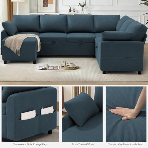 Image of 112 inch Fabric Sectional Sofa w /Pull Out Bed & Storage Chaise, Blue