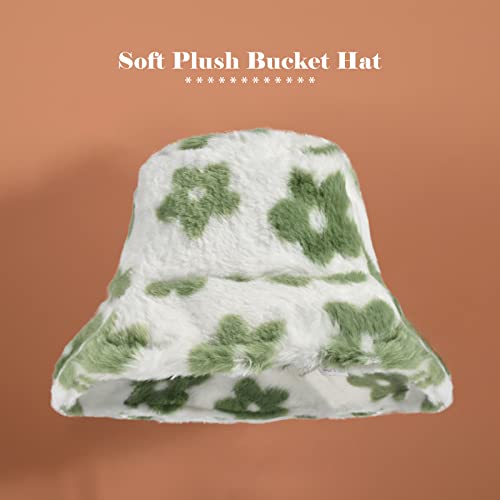 Yonchic Winter Soft Faux Fur Plush Bucket Hat, Lovely Flower Shape Fisherman Cap, Fashion Outdoor Thick Warm Sun Cap For Women (Green) #TOP3