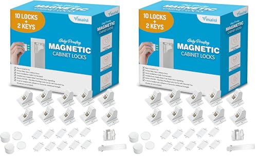 Image of Vmaisi Adhesive Magnetic Locks for Cabinets & Drawers (10 Locks and 2 Keys) (Pack of 2)