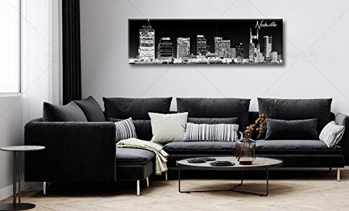 Image of Nashville Skyline Wall Art Panoramic City Landscape Picture 13.8 inchX47.3 inch | Canvas Modern Artwork Black and White Painting for Living Room Bedroom Decor Skyscraper Poster Giclee Print Home Decorations