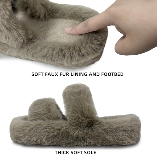 Womens Fuzzy Slippers Warm Comfy House Shoes with Faux Fur Lining Two Bands Non-Slip Sole Warm Fluffy Bedroom Cozy Open Toe Slippers for Indoor and Outdoor4