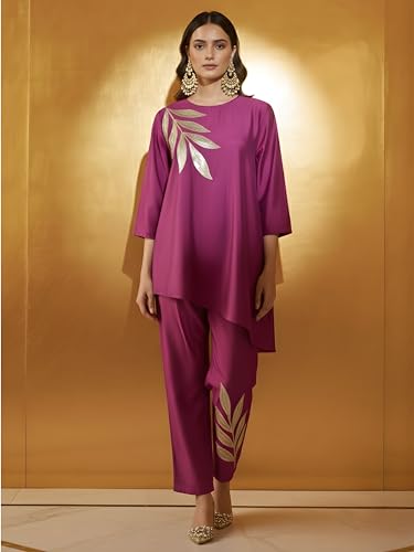 Image of Women's Magenta Chanderi Sequin Embroidered Co-ord Set | Round Neck 3 /4 Sleeve Asymmetric Top with Trousers | Festive Co-ord for Party, Wedding
