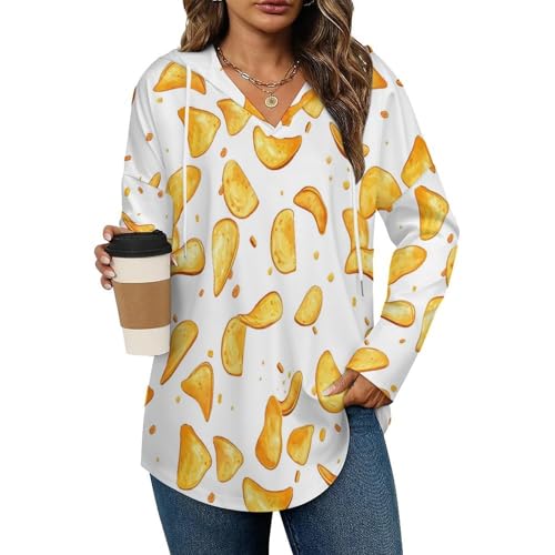 Potato Chips Hoodies for Women V Neck Pullover Sweatshirts Long Sleeve Shirts Fashion Tops
