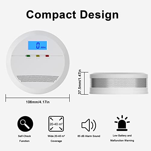 CO Melder EN 50291 Zertifiziert Kohlenmonoxid Melder, Kohlenmonoxid Warnmelder mit LCD Anzeige, CO Warnmelder mit Akkurater Sensor, Lauter 85 Db Alarm, Prüftaste, Batteriebetrieb, 2 Stück - Image 5