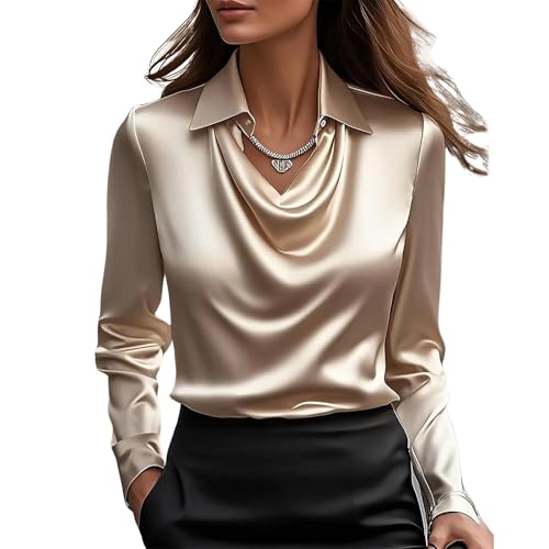 Shirts for Women Satin Silk Cowl Neck Collared Shirt Comfy Dressy Long Sleeve Work Shirts Business Casual Blouses Gold