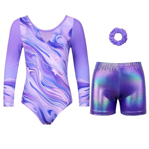 Gymnastics Leotards for Girls With Shorts Sparkly Ballet Dance Long Printed Sleeve Outfit 6-7 Years Purple Marble