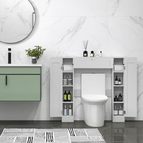 GIANTEX Mobile per Lavatrice, Mobile sopra Toilette, Mobiletto Bagno sopra Toilette, Armadietto da Incasso, in Legno, con Anta, Bagno Salvaspazio, con Porta Carta Igienica (Bianco)