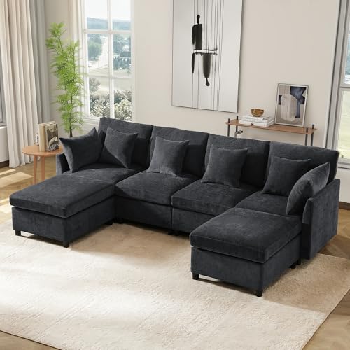 Wyibwy Sofá moderno modular en U, sofá moderno de 5 plazas con reposapiés extraíble, sofá esquinero en forma de L con cojines, sofás modulares en U para salón, de tela de chenilla (gris)