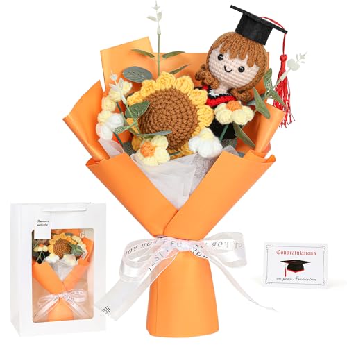 saiguomi 2026 Graduation Gift Handmade Crochet Flower Bouquet with Sunflower & Daisy Soft Knitted Floral Arrangement for Girl Women & Graduation Gifts Long-Lasting Keepsake for Her (Orange)