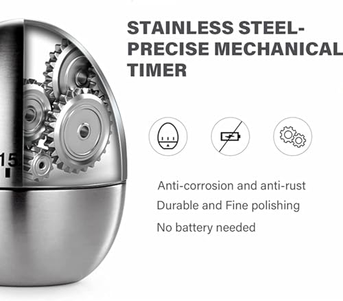 Image of Mechanical Egg-Shaped Kitchen Timer 60-Minute Countdown - Stainless Steel Cooking Alarm, Manual Wind-Up, Loud Ring Reminder for Baking & Cooking