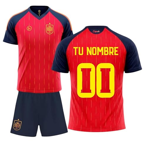 Stock Futbol Seleccion Española Mundial 2026-2028 Personalizable Kit Niños Primera Equipacion Camiseta y Pantalon con Nombre y Dorsal, Color Rojo, Tallas 4 a 14