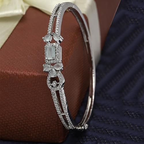 Image of ZENEME Rhodium-Plated American Diamond Studded Flower Patterned Kada Bracelet For Girls and Women