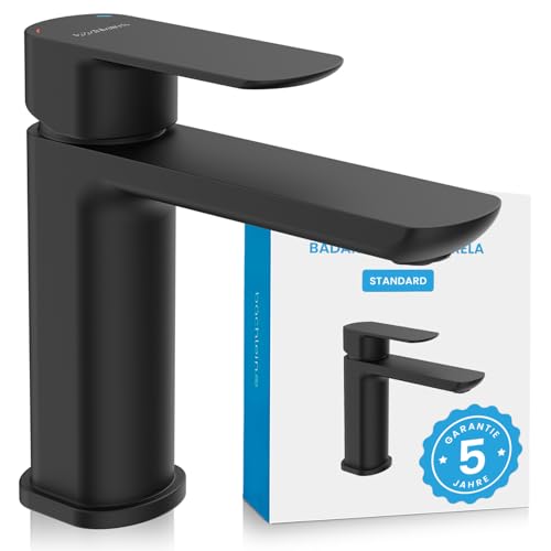 Bächlein Badarmatur Mizarela in klassischem Design, Einhebelmischer mit langlebiger Keramikkartusche und Montage-Set, Bad Wasserhahn Matt Schwarz - flacher Auslauf