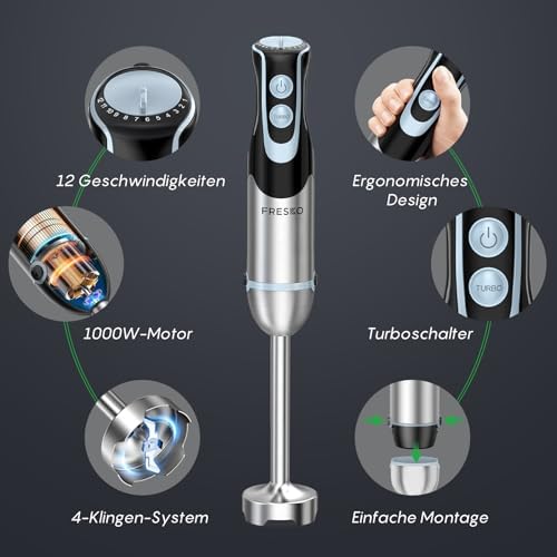 Bild 1 - FRESKO 4-in-1 Stabmixer Edelstahl, 1000W Pürierstab mit 12 Geschwindigkeiten und Turbo-Modi, Inklusive Schneebesen, 500ml Lebensmittelhacker und 700ml Messbecher, für Babynahrung, Suppe, Smoothies