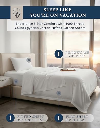 Image of LANE LINEN Twin XL Sheets 1000 Thread Count 100% Egyptian Cotton - White | Twin XL Sheet Sets - 3-Piece Set, 15 inch Deep-Pocket Snug Fit, Ideal For College Dorms, For Guests And Everyday Use
