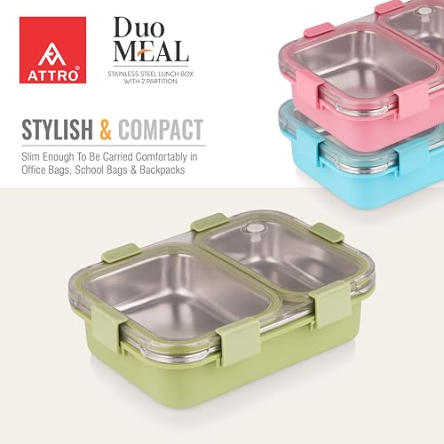 Image of ATTRO Duo Meal Stainless Steel Lunch Box with 2 Partition, Microwave Safe, Airtight Leakproof Silicone Seal Lid, BPA-Free Food Grade Tiffin Box for Office School Kids - 650ml - Green