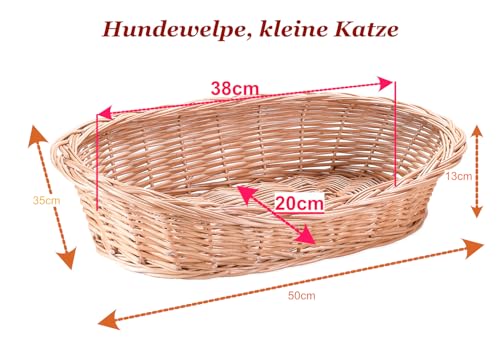 Weidenkorb Hundebett Katzenbett, Weidenbett für Haustiere - Natürlich warm, atmungsaktiv und stilvoll Wiklinowy Świat 50x35x13cm - helles cremefarbenes Kissen