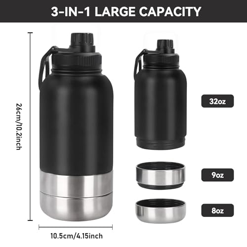 Trinkflasche Hunde für Unterwegs 950ml – Isolierte Edelstahl Hundetrinkflasche Wasserflasche mit Futternapf & Wassernapf, Tragbare Hundeflasche BPA-frei für Reise Spaziergang & Outdoor (Schwarz, L)