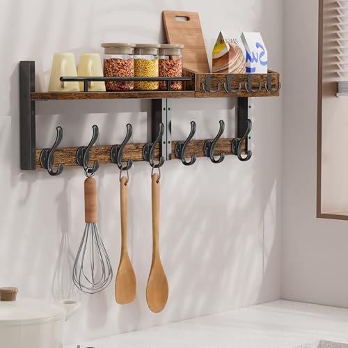 Image of 29 inch Coat Rack Wall Mount with Shelf, Entryway Wall Shelf with Hooks, Heavy Duty Coat Hanger Wall Mount with Key Holders and Mail Organizer for Living Room, Bedroom, Black & Brown