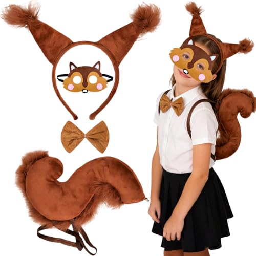 Tier Eichhörnchen Kostüm Zubehör Set 4 Teile Eichhörnchen Ohren Haarreif Kunstfell Eichhörnchen Fliege Schwanz Eichhörnchen Maske Fell-Eichhörnchen-Kostüm Für Partys Rollenspiele Für Frauen