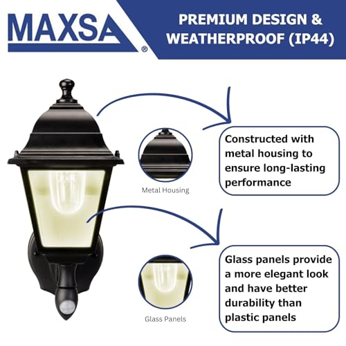 Image of Maxsa 43319-RS Battery-Powered Motion-Activated Outdoor Wall Sconce, 3000K (Warm White), Black