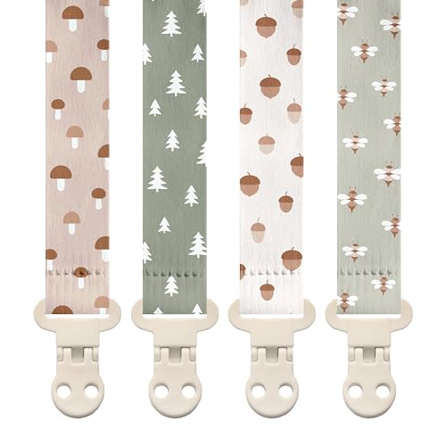 Image of Stadela Baby Pacifier Clip Holder - Girl or Boy Unisex 4 Pack Gift Set – Woodland Mushrooms Bees Neutral Green Beige (Forest)