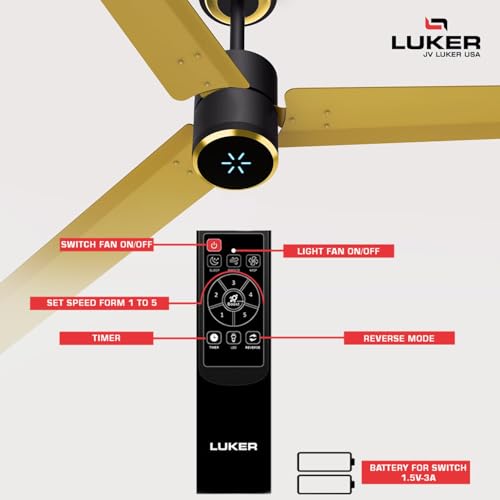 Image of LUKER JVLuker USA Aerozen Prime 1200mm BLDC Ceiling Fan | IR Remote | BEE 5 Star | Power Saver upto 65% | High Air Delivery | U-LED Speed Indicator | Reverse Mode, 3 Years Warranty, Black Yellow Gold