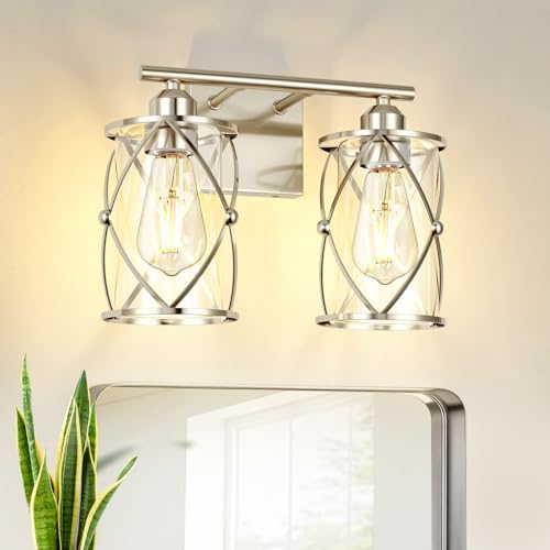 Osimir 2-Light Brushed Nickel Bathroom Light Fixtures, 13.8 Inch Modern Bathroom Vanity Lighting Fixtures Over Mirror with Clear Glass and Metal Cage Wall Sconce Lights for Bath, E26, CH9176BN-2W