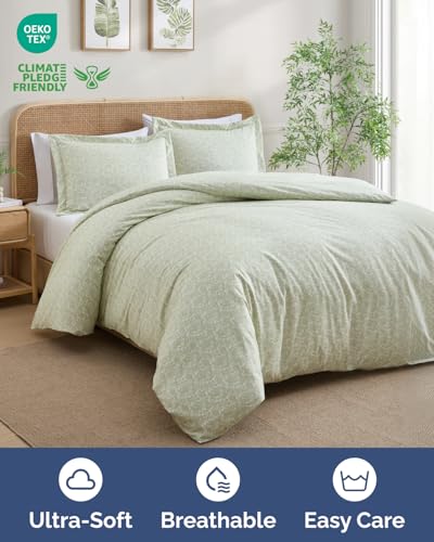 Image of Duvet Cover King - Floral Duvet Cover Set - 3 Piece - Sage Retro Floral | Soft Floral Duvet Cover 104 x 90 with 2 Pillow Shams, Comfy Floral Bedding Set, Hotel Luxury with Zipper Closures & Ties