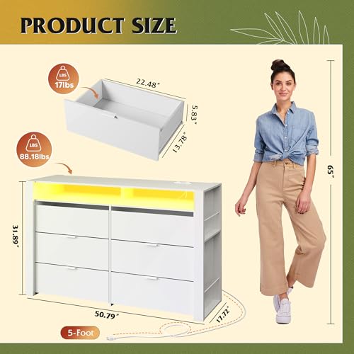 Image of WLIVE 6 Drawer Led Dresser for Bedroom, 51 inch White Wood Dresser Storage Organizer with Charging Station for 55 inch TV, Dressers with Open Shelves, Hanging Rack, Chest of Drawers for Closet, Living Room