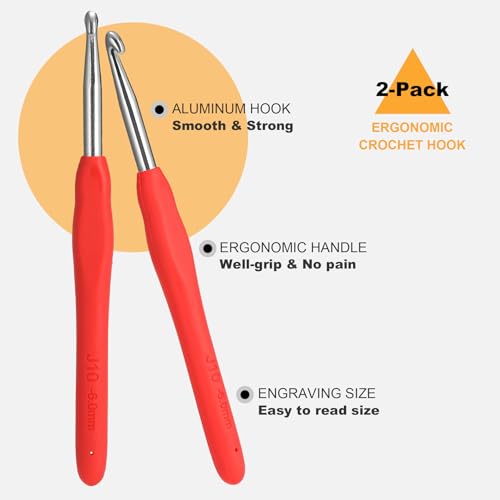Image of 2Pcs 6.0mm Crochet Hooks, Ergonomic Crochet Hook for Arthritis and Beginners, Extra Long, Smooth, Comfortable (Size J / 6.0mm)