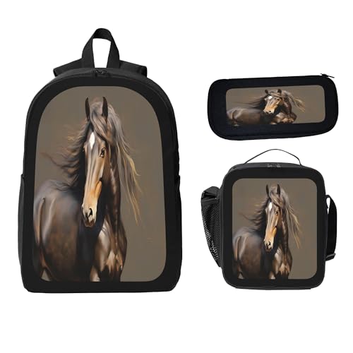 3PCS Backpack for Women & Men Brown Horse Animal Adjustable Back Pack with Lunch Bag and Pencil Case Lightweight Casual Daypack Laptop Rucksack for Travel Work Camping Outdoor
